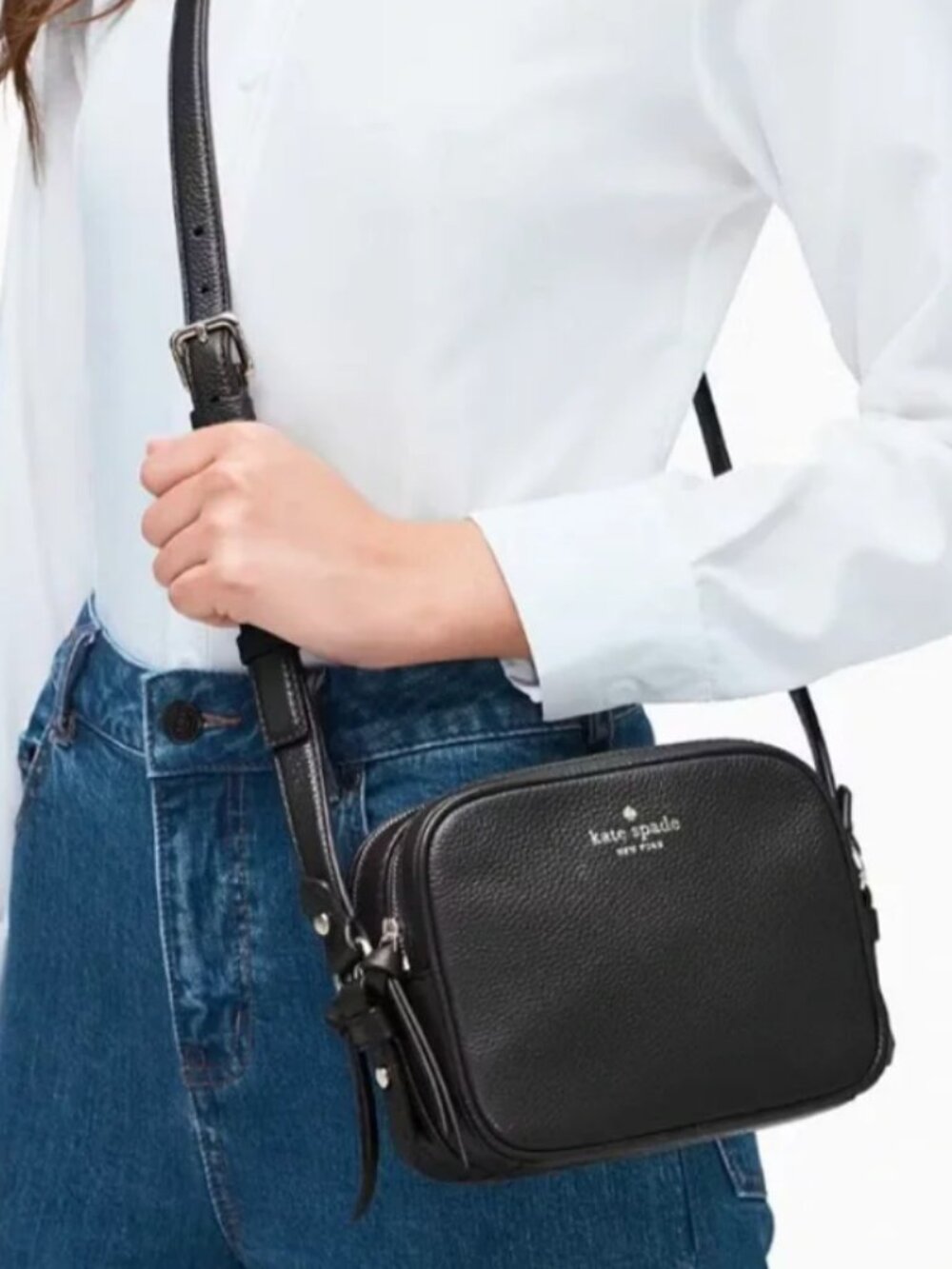 Kate Spade New York Black Pebbled Leather Camera Crossbody Shoulder Bag Purse